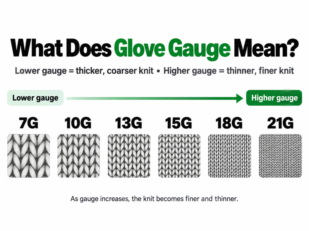 Glove gauge comparison from 7 gauge to 21 gauge showing progressively finer knit