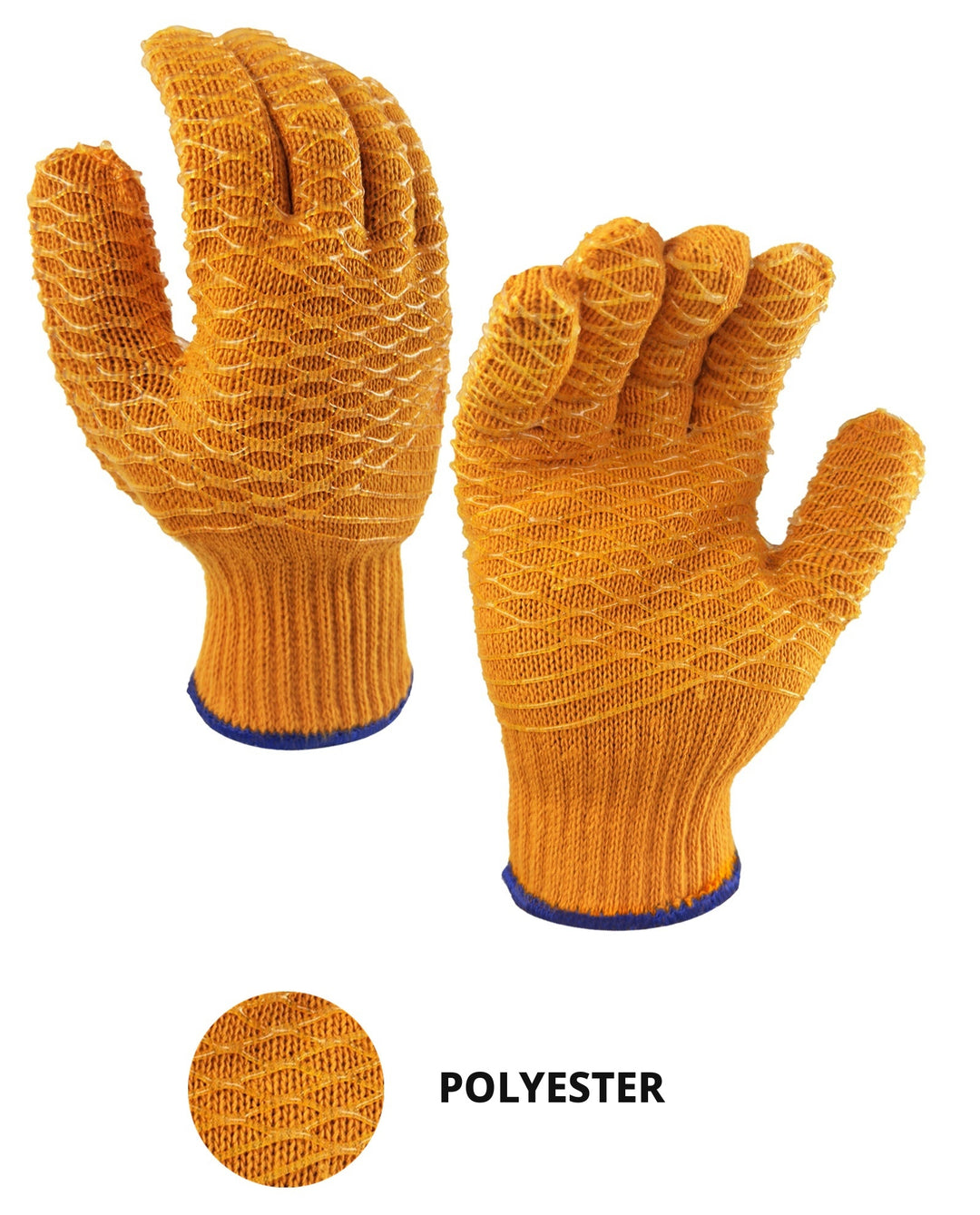Cotton polyester string knit work gloves with standardized POLYESTER text