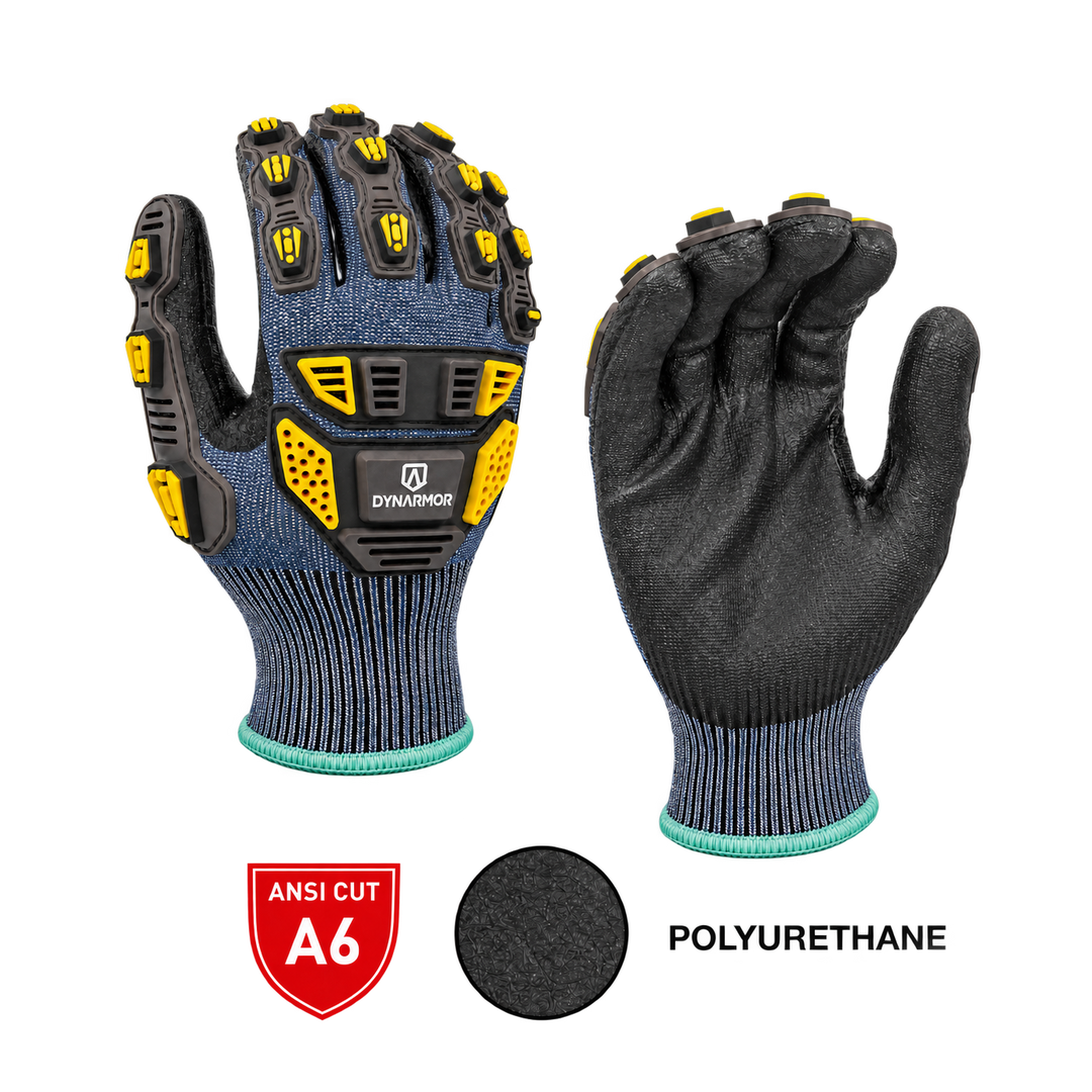 13-gauge polyurethane-dipped cut-resistant impact gloves with TPR protection