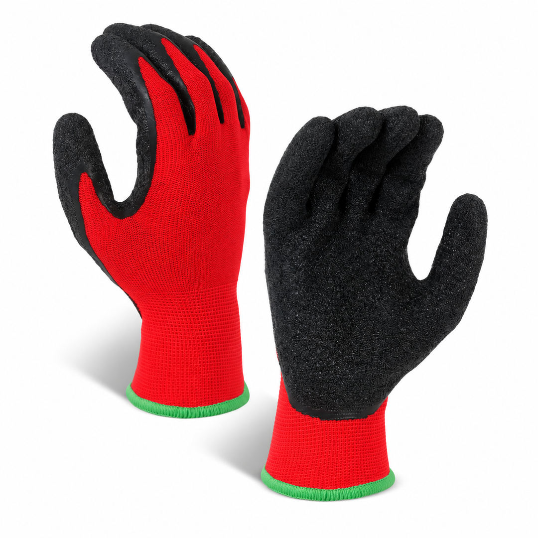 Red crinkle latex coated safety work gloves
