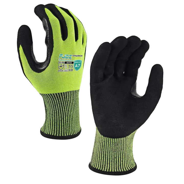 A pair of cut-resistant work safety gloves, with nitrile coating on the palms and fingers, and a visible brand label on the wrist.
