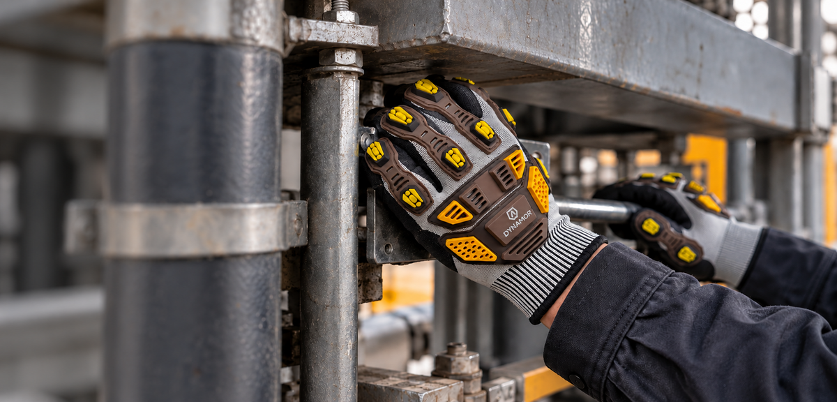 Worker wearing impact-protection gloves while operating industrial equipment