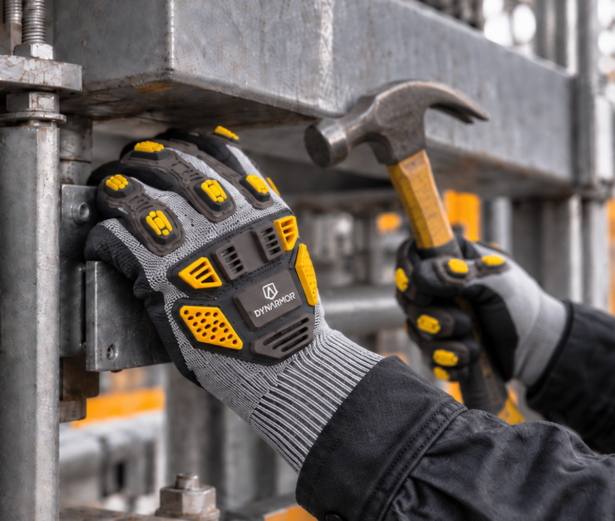 Worker wearing DYNARMOR impact gloves holding a hammer at an industrial steel structure