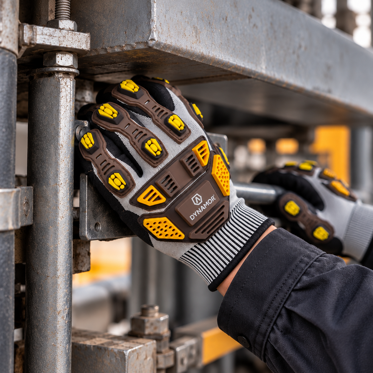 Close-up of worker wearing impact-protection gloves on industrial equipment
