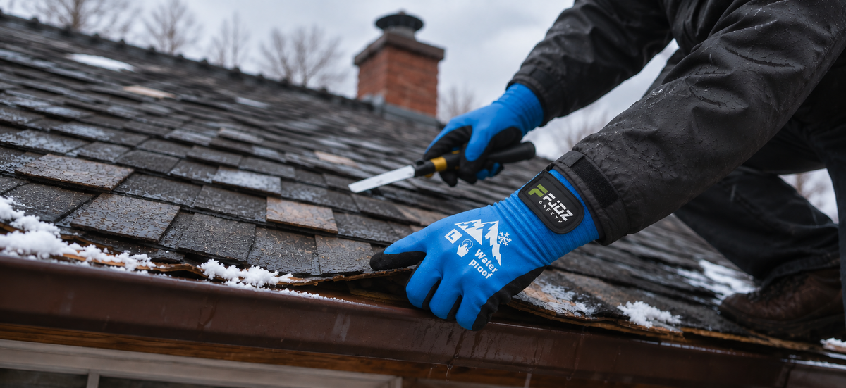 Worker wearing blue waterproof winter gloves while working on a wet snowy roof