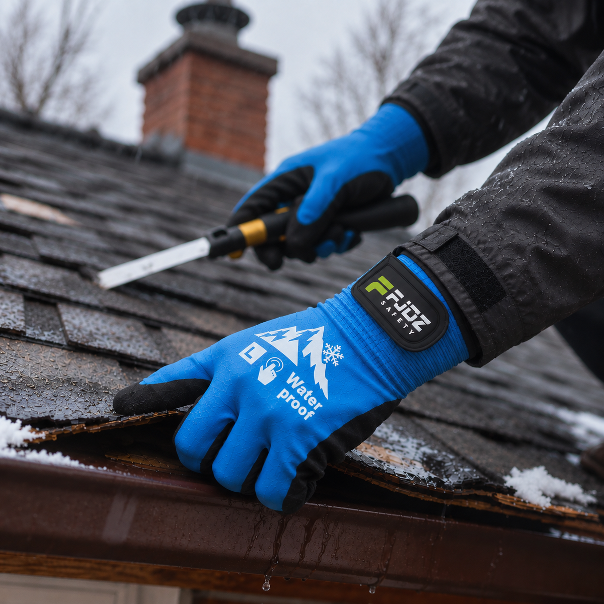 Close-up of blue waterproof winter gloves during wet snowy roof work