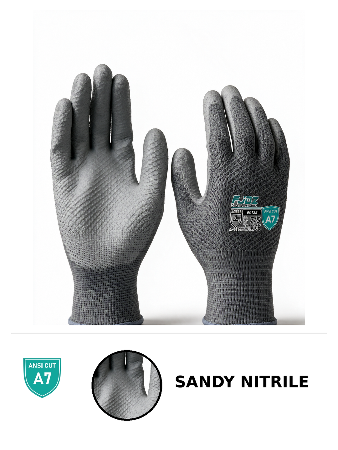 LX Test A7 cut resistant glove product detail with ANSI Cut A7 badge and sandy nitrile coating close-up