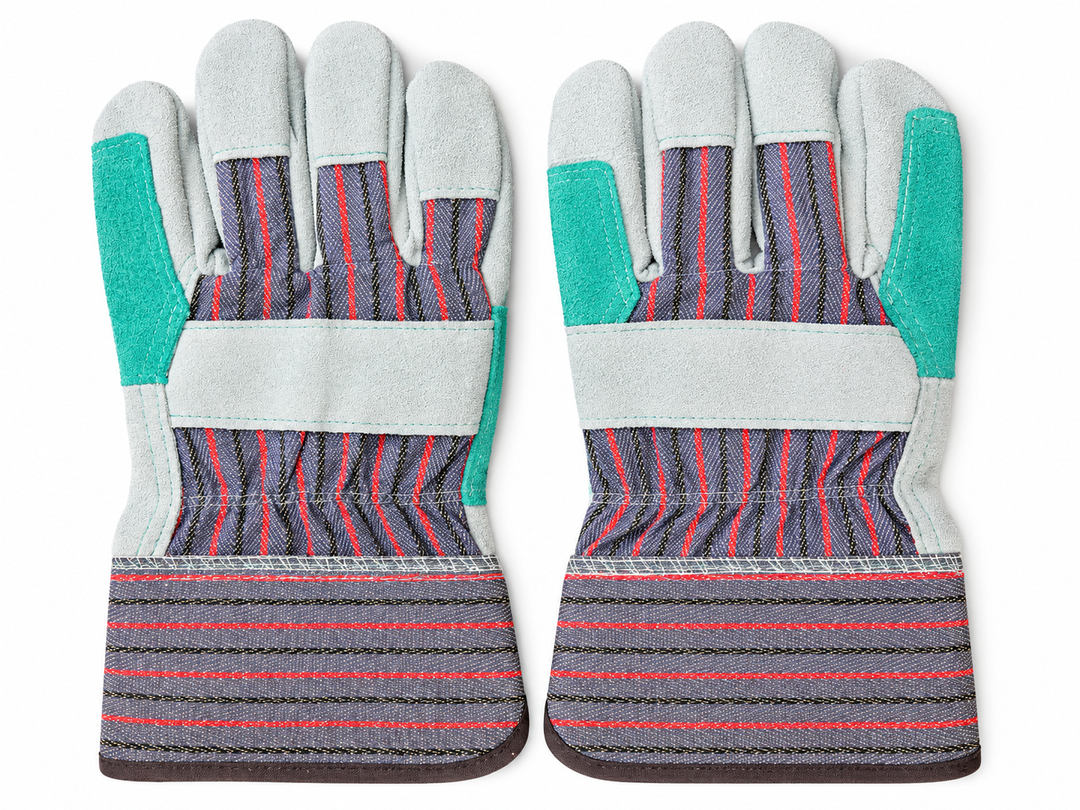 A pair of work gloves with a gray and red striped knit pattern, light gray suede-like palms and backs, and teal green fingertips, shown against a plain white background.