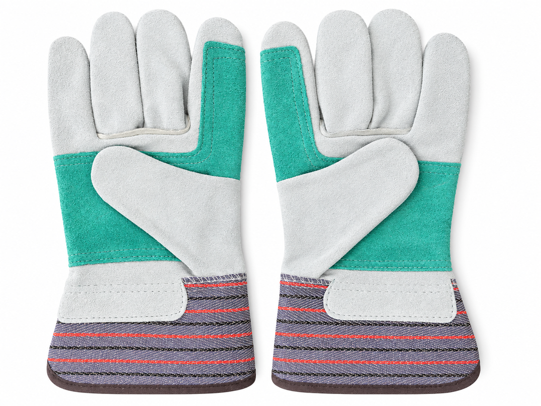 A pair of gardening gloves with white leather palms and backs, teal green padded sections, and striped knit cuffs in gray, red, and blue.
